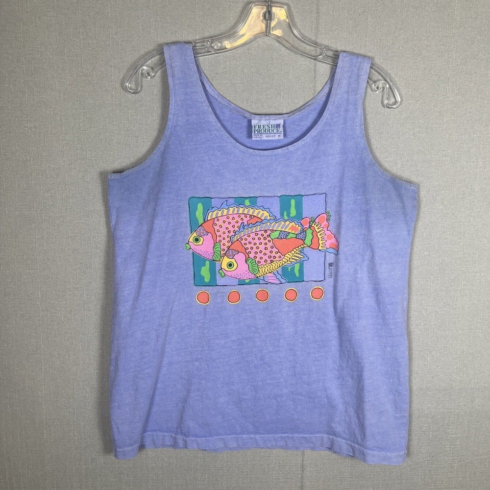 VTG Fresh Produce Womens Size Medium Tank Top Lavender Big Fish Shirt 90’s 1995